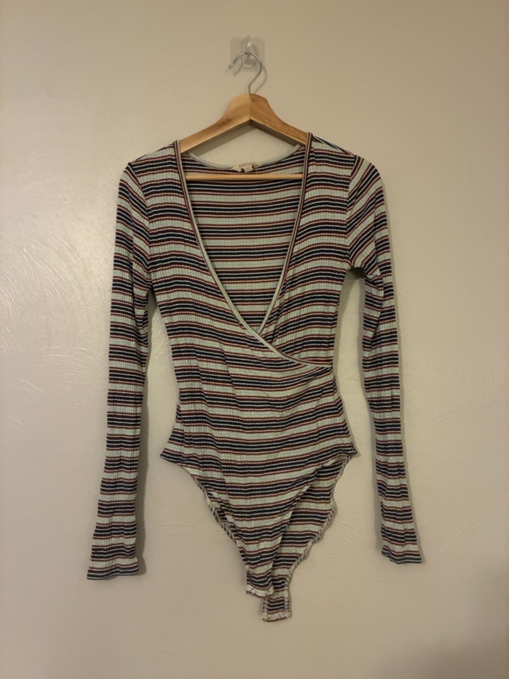 Striped Wrap-Front Long Sleeve Bodysuit in Cream, Black, Blue‎